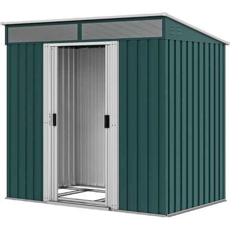 6.5 x 4FT Galvanised Metal Shed Foundation Kit, Lockable Tool Garden Shed Double Sliding Doors, Vents, Green (1/5)