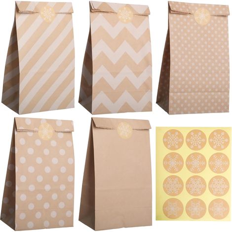 Sacs kraft pour cadeaux de fête, petits sachets à friandises à pois et rayures, avec autocollants, sacs à lunch de Noël et anniversaire, paquets en papier pour surprises, lot de fêtes (1/5)