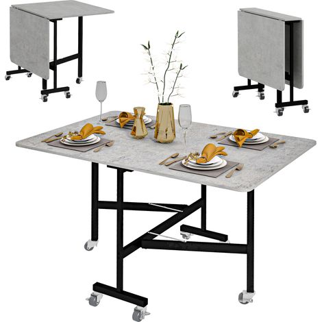 Mobile Folding Dining Table with 6 Wheels and Brakes,Compact Kitchen Table for Small Spaces,Grey Marble Finish