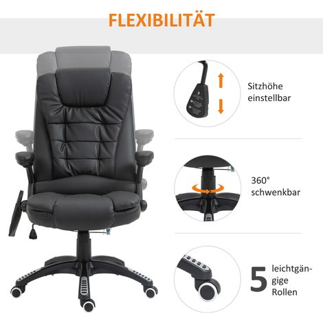 Fauteuil de bureau massage chauffant, siège ergonomique avec fonction inclinable, bascule, hauteur réglable, pivotant 360°, en similicuir noir (1/5)