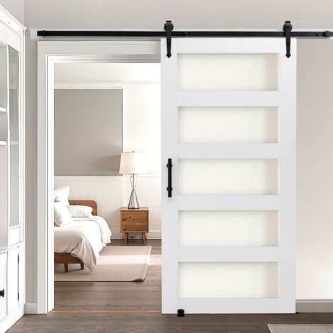 VEVOR Porta Scorrevole 1067 x 2134 mm Pannello in MDF e Vetro Satinato, Kit per Porta Scorrevole con Ferramenta Guida Telaio a H per Casa Divisorio Spazio Soggiorno Bagno Camera da Letto, Bianco