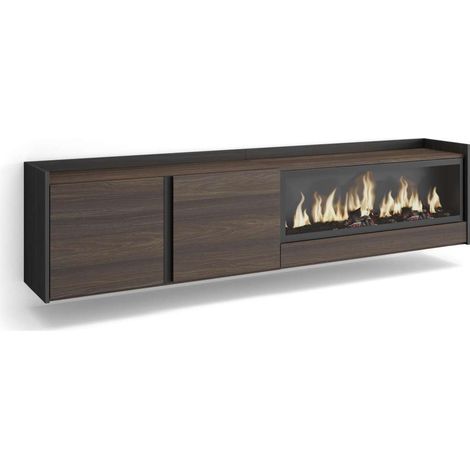 Mueble TV Monda-01 de 212x50x35 cm con chimenea eléctrica XXL, suspendido, color roble oscuro y negro (1/4)