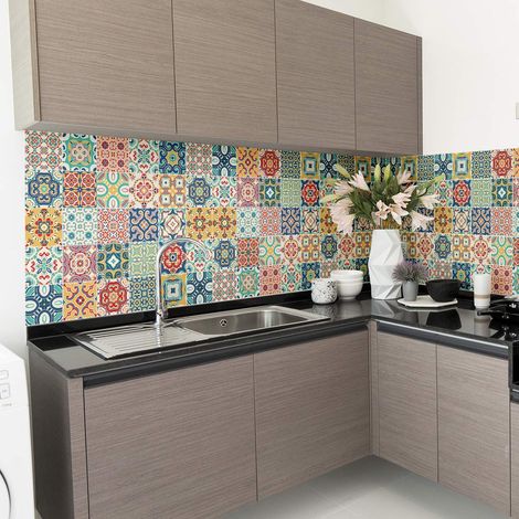 Stickers adhésifs carrelages Sticker Autocollant Carreaux de ciment Mosaïque carrelage mural salle de bain et cuisine Carreaux de ciment adhésif mural azulejos 10 x 10 cm 60 pièces (1/5)