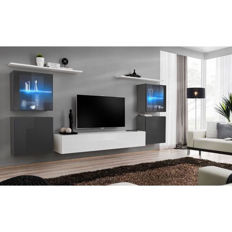 Ensemble mural - Switch XIV - 4 vitrines - 1 banc TV - 2 étagères - Blanc et graphite - Modèle 2 - Livraison gratuite
