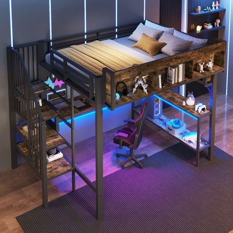 Lit Mezzanine 140x200 cm avec bureau d'angle - Lit double - Escalier avec rangements, LED, prises USB/C, marron vintage (1/5)