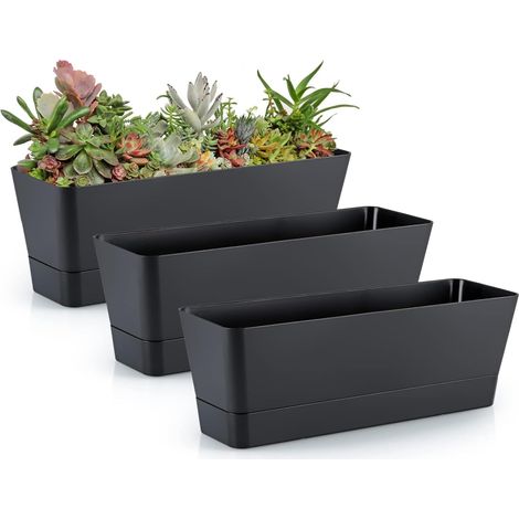 3 Pcs Petit bac a Fleurs rectangulaire, Pot de Fleurs rectangulaire en Plastique, jardinieres Exterieur Balcon pour Plantes succulentes, Herbes, Cactus (Noir) (1/5)
