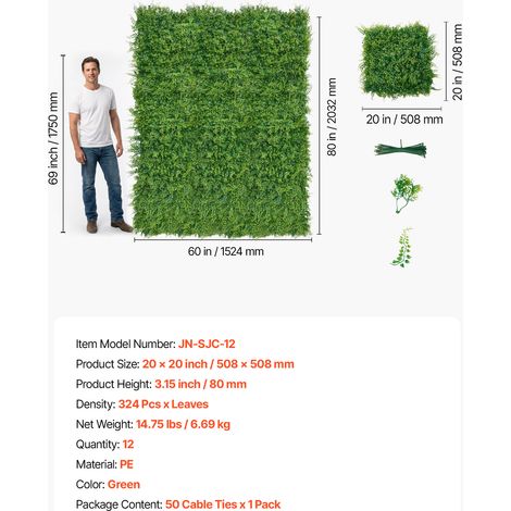 VEVOR Artificial Plant Wall, 12PCS 20 x 20 in Artificial Boxwood Panels, Sun Protection Greenery Backdrop Privacy Hedge Fence, Fake Grass Screen for Wedding, Indoor, Outdoor Garden, Backyard (1/4)