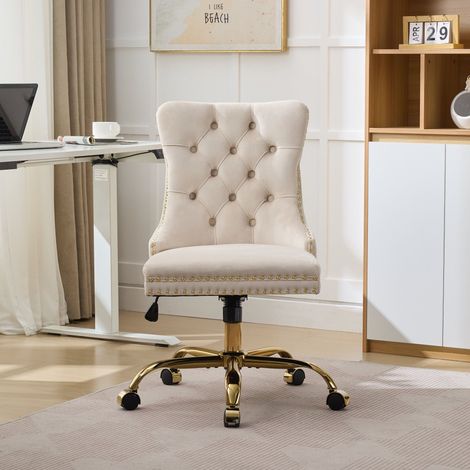 Silla de oficina beige de terciopelo con base metálica dorada giratoria y altura ajustable (1/5)