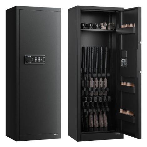 Armoire à 6-8 Fusils, Coffre-Fort pour Armes à Feu 2 Façons de Verrouillage par Clavier Numérique et Clés, avec 3 Emplacements pour Munitions et 2 Supports Réglables, Assemblage Requis (1/3)