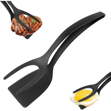 Espátula para voltear huevos，pinzas para voltear huevos 2 en 1，pinzas para voltear huevos fritos，tostadas francesas y tortillas (negro)