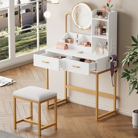 Tocador moderno con luz LED, espejo giratorio y enchufes —taburete incluido— patas de metal dorado —80 x 40 x 138,5 cm - Blanco (1/5)