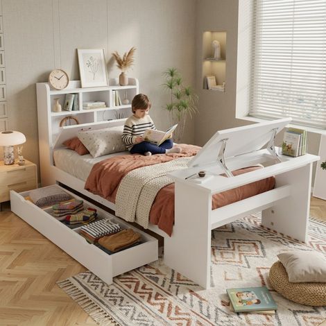 Lit simple enfant 90x200 cm bois blanc, cadre lit junior avec étagère, tiroir coulissant, table pliante réglable, rangement intégré (sans Matelas) (1/5)