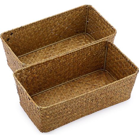 2pcs boîtes de rangement panier de rangement en osier panier d’étagère corbeille tressé organisateur de table pour bureau, cuisine, comptoir (caramel) (1/5)