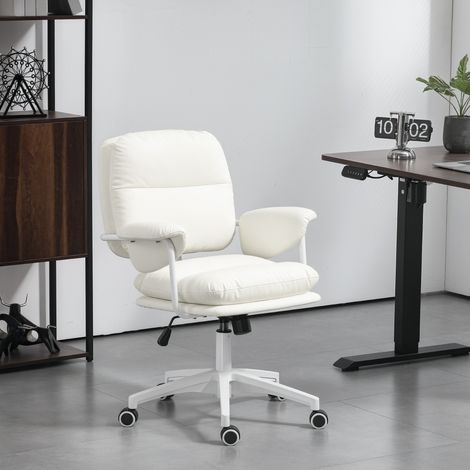 Chaise de bureau réglable en hauteur avec coussin moelleux et revêtement en similicuir, roulettes pivotantes et fonction d'inclinaison, blanche (1/5)