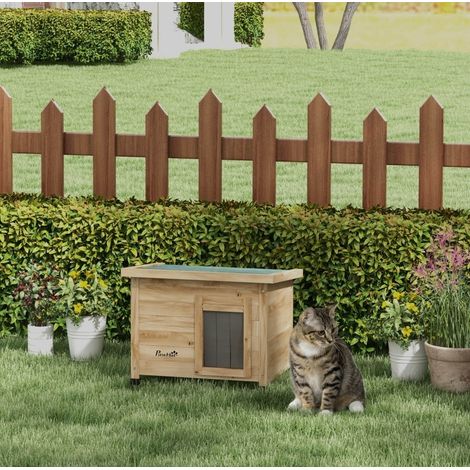 Cuccia da esterno per gatti resistente alle intemperie 57 x 45 x 43 cm, legno naturale HAVRYA (1/5)