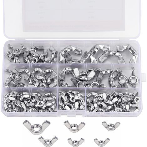Assortiment Ecrou Papillon à Ailettes (100 Pièces) - Tailles M3, M4, M5, M6, M8 et M10 - Vis de Fixation en Acier Inoxydable 304 - Ecrous à Ailettes Argentés pour le Bricolage (1/5)