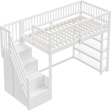 Lit mezzanine 90 x 200, design de sécurité à grande barrière avec armoire, étagères et espace de rangement, échelle de sécurité, lit multifonction, lit en bois massif, blanc (1/5)