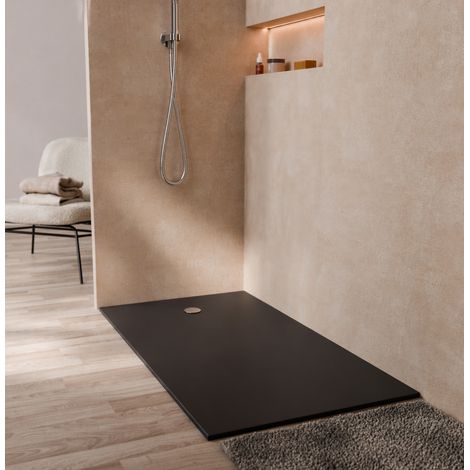 Plato de ducha 160x90x3.3cm en Polibeton negro mate Soft-Touch recortable (1/5)