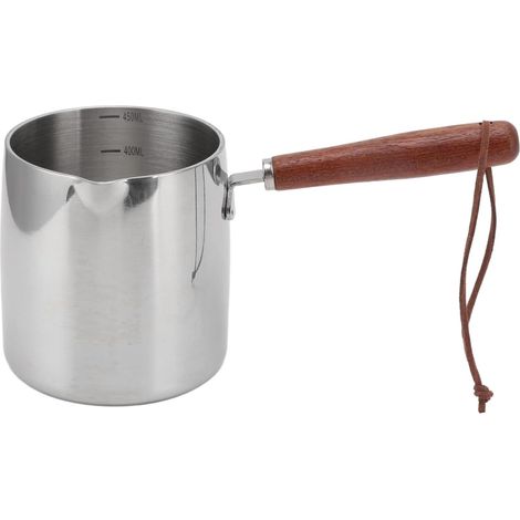 Pot à Chauffe-beurre, 450ML Petite Casserole à Sauce, Pot à Lait en Acier Inoxydable à Fond Plat, Marmite à Beurre avec Poignée en Bois, Mini Casserole Chauffe-café pour Faire Fondre le Chocolat (1/5)