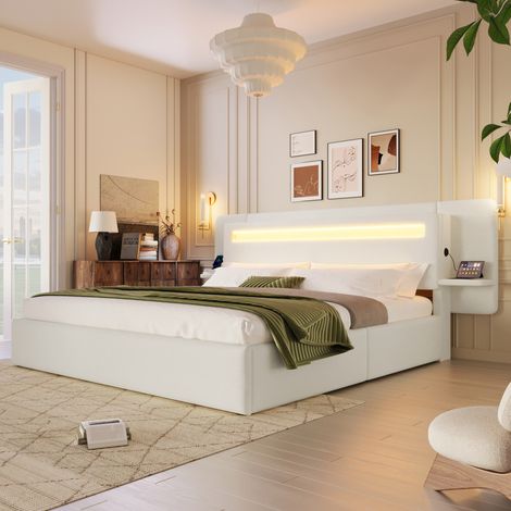 Letto matrimoniale 180x200 cm in MDF e lino beige con contenitore, senza materasso FloraGrace (1/5)