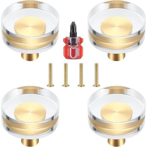 [JAMAIS UTILISÉ] Lot de 4 Boutons de Porte en Cristal Transparent et Laiton pour Armoires, Tiroirs, Placards et Meubles,30x27 mm (1/4)