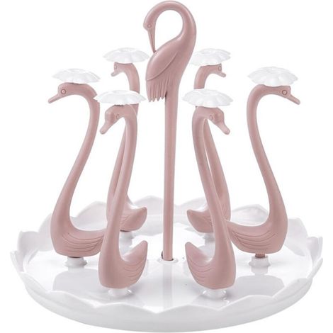 1 Égouttoir à tasses, forme de cygne, rose clair, 6 emplacements, polypropylène, bac de récupération d'eau, antidérapant (1/5)