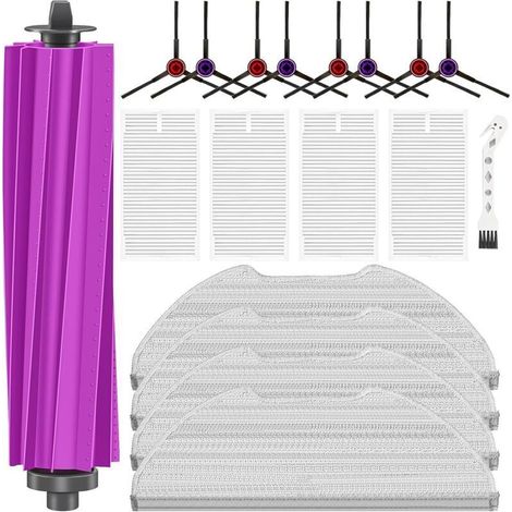 18-teiliges Zubehörset für den Eureka E20 Plus Saugroboter: 1 Hauptbürste, 4 Reinigungstücher, 4 HEPA-Filter, 8 Seitenbürsten, 1 Reinigungsbürste