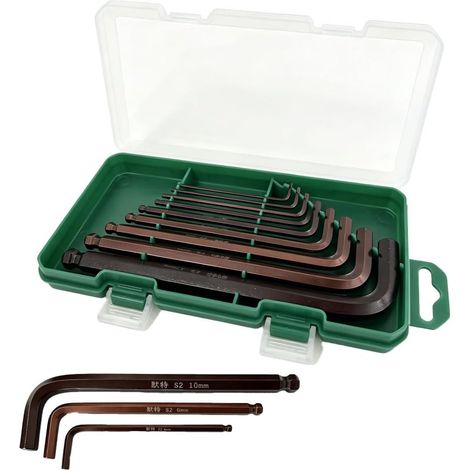 Lot de 9 clés à six pans creux - Avec tête sphérique - 1,5 à 10 mm - Pour artisans, acier trempé S2, avec 1 boîte de rangement, pour vélo, montage de meubles, voiture et bricolage (1/5)