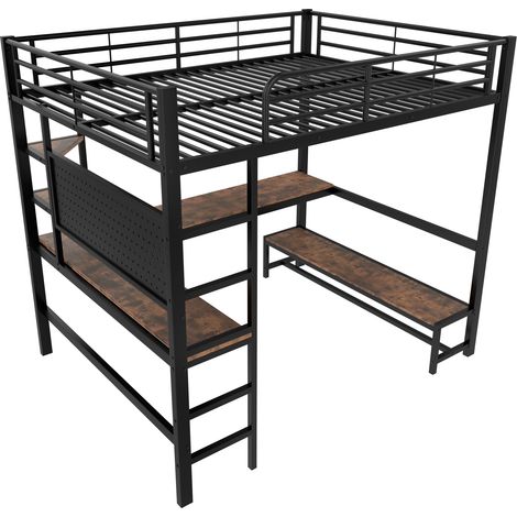Cama alta 140 x 200 cm de metal negro con escritorio, estantes, escalera, LED y USB-C (1/5)