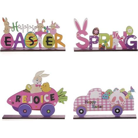 Decorazioni pasquali in legno - 4 pezzi, ufficio creativo, uovo di Pasqua e coniglio (1/5)