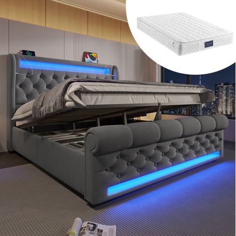 Letto matrimoniale 140x200 cm grigio in velluto con LED, contenitore idraulico e materasso (1/5)