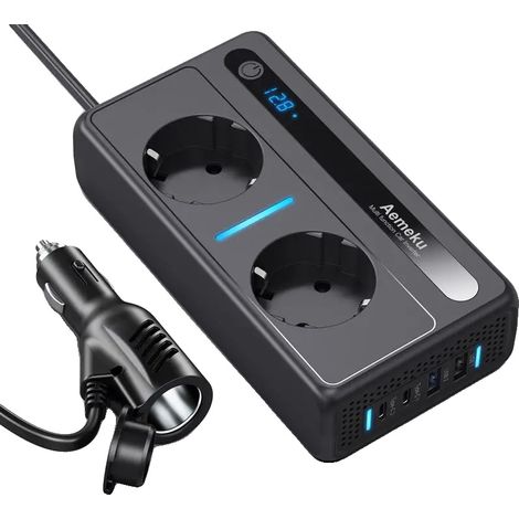 Inversor para coche, fuente de alimentación multifuncional, pantalla digital, negro. (1/2)