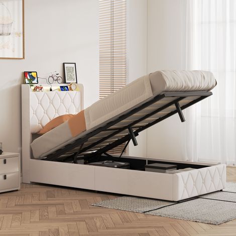 lit coffre 90x200 cm - Cadre rembourré avec tête capitonnée LED et port USB,sommier à lattes - Couchage simple adulte enfant style moderne,velours ,beige (1/5)