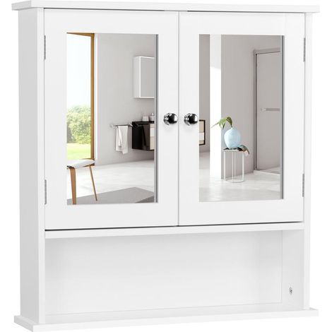 Yaheetech Armadietto Mobiletto Pensile da Bgano a Parete con Specchio Mobile Bagno Salvaspazio Sospeso con 2 Ante 56 × 13 × 58 cm Bianco (1/7)