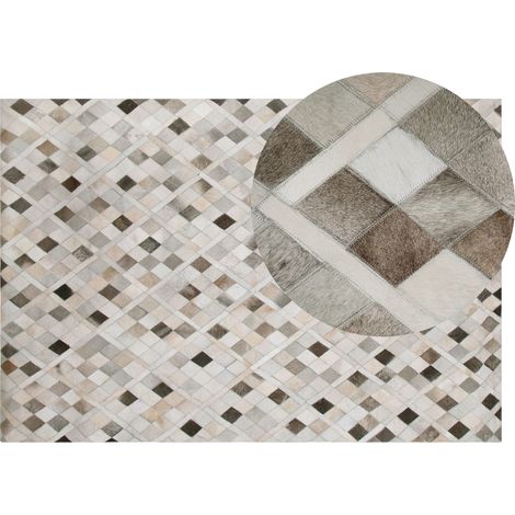Alfombra de cuero gris y beige a cuadros 140 x 200 cm estilo rústico moderno Hirka