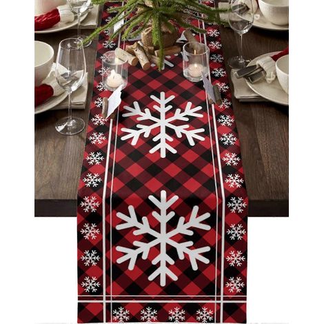 Chemins de table rectangulaires antidérapants à motifs de flocons de neige blancs, en coton et lin à carreaux rouges et noirs, pour une fête à la maison (33 x 183 cm). (1/5)