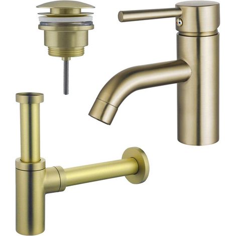 Fortifura Calvi Kit mitigeur lavabo - robinet bas - bonde clic clac - siphon design - PVD Laiton brossé