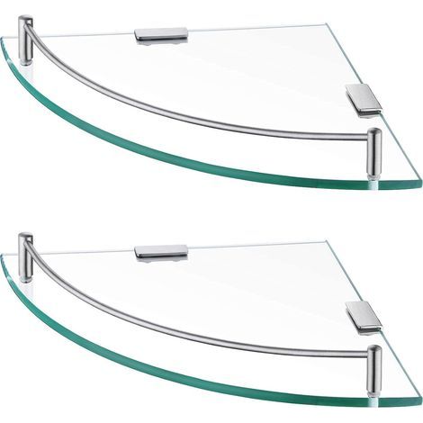 Étagère Murale Étagère d'angle en Verre Étagère Salle de Bain Douche Tablette Étagère en Verre Trempé avec Porte Serviette 2 Pièces Acier Inoxydable SUS304 Brossée (1/5)