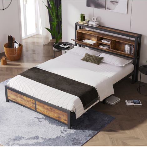 Letto matrimoniale in metallo e legno naturale 140x200 cm con testiera contenitore e rete inclusa (1/5)