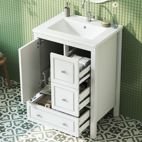 Ensembles meuble de salle de bains, meuble vasque sur pied 62x47x90cm, vasque, surface laquée, tiroir silencieuses, blanc (1/5)