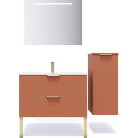 Meuble de salle de bain suspendu vasque intégrée 90cm 2 tiroirs Terracotta + miroir + colonne ouverture droite - Venice (1/5)