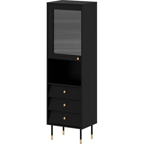 Estantería Feletri 105, Negro, Con puertas, Cerrable, Con cajones, Aglomerado laminado, Vidrio templado, MDF, Número de puertas: 0, Número de cajones: 0, 180x52x39cm (1/5)