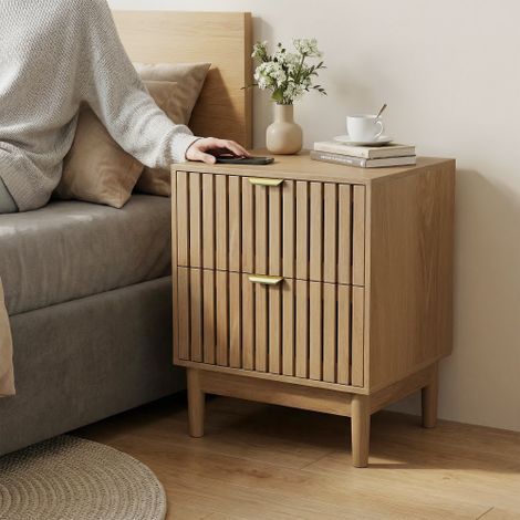 Mid-Century Modern Eichenfarbe Nachttisch,Lattenrost-Design aus Holz mit zwei Schubladen,geeignet für Schlafzimmer,Flur, Wohnzimmer und Kinderzimmer, Schlafzimmer Nachttisch, 45 x 39 x 56,5 cm ,1 Stüc