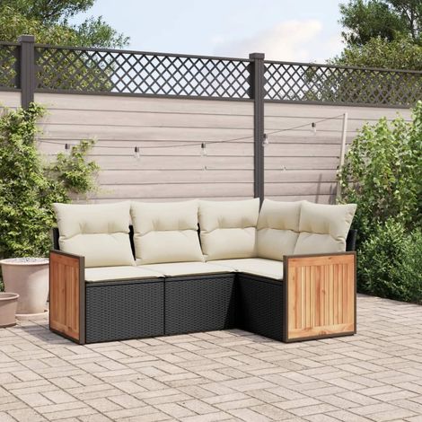 Salon de Jardin 4 Places en Résine Tressée Noir Modulaire avec Coussins (1/4)