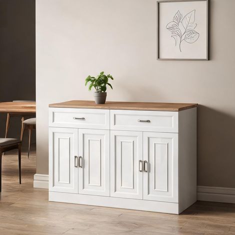 Buffet bas blanc 4 portes 2 tiroirs en panneaux de particules (1/5)