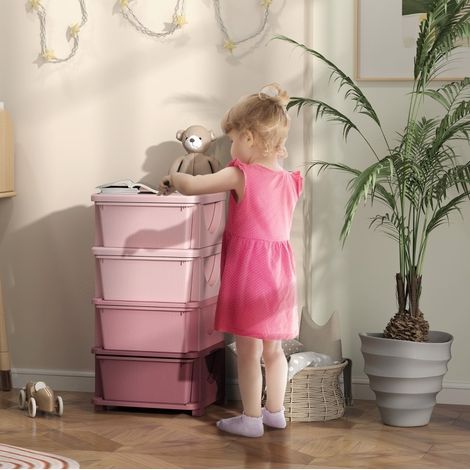Cassettiera per bambini 37x37x76 cm, con 4 contenitori estraibili, seduta, bordi arrotondati, plastica rosa (1/5)