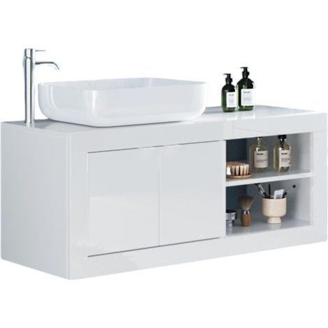 Wandhängendes Badezimmermöbel ISORA – 1 Waschbecken – 2 Türen – 92 cm – Hochglanz Weiß – Modernes Design