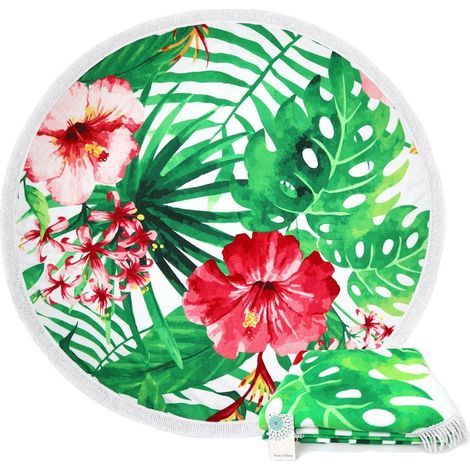 1 serviette de plage ronde, diamètre 150 cm, en microfibre épaisse, motif mandala, avec franges blanches, tapis de yoga et décoration murale (1/5)