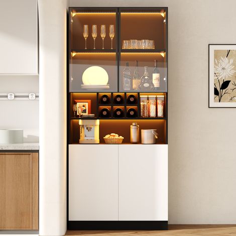 Buffet haute 80x30x180 cm avec LED multicolore, verre trempé, niche ouverte, casier à 6 bouteilles, 2 portes, meuble noir pour salon (1/5)