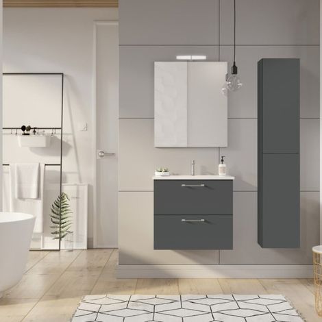Ensemble meuble vasque avec miroir et éclairage LED + colonne 61,5 x 55 x 41,7 cm - anthracite stratifié - Ceramia Lea (1/5)